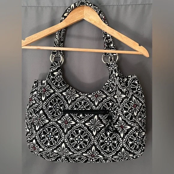 Vera Bradley Barcelona Black White Multicolor Stripe Scoop Quilted Purse - Picture 2 of 10